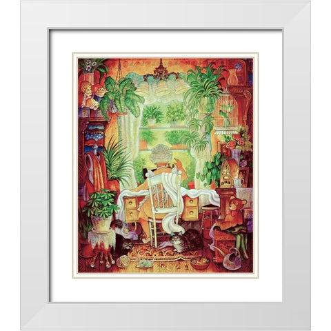 The Sewing Lady 2 White Modern Wood Framed Art Print with Double Matting by Bell, Bill