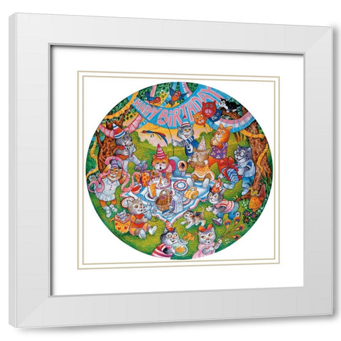 Birthday Cats White Modern Wood Framed Art Print with Double Matting by Bell, Bill