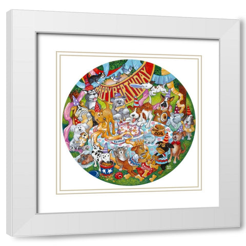 Birthday Dogs White Modern Wood Framed Art Print with Double Matting by Bell, Bill