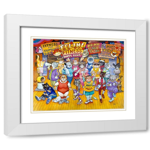 Feline Fitness White Modern Wood Framed Art Print with Double Matting by Bell, Bill
