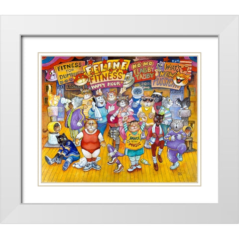 Feline Fitness White Modern Wood Framed Art Print with Double Matting by Bell, Bill