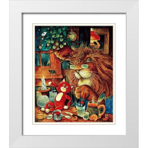 Pinnochio Cat White Modern Wood Framed Art Print with Double Matting by Bell, Bill