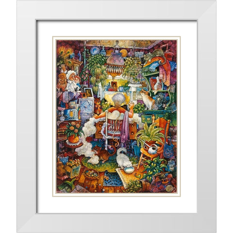 The Sewing Lady White Modern Wood Framed Art Print with Double Matting by Bell, Bill