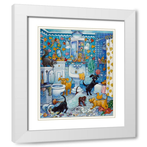 More Bathroom Pups White Modern Wood Framed Art Print with Double Matting by Bell, Bill