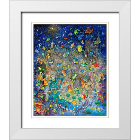 Raining Frogs And Fishes White Modern Wood Framed Art Print with Double Matting by Bell, Bill