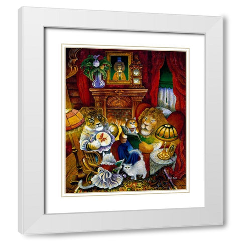 Lion Reading A Book White Modern Wood Framed Art Print with Double Matting by Bell, Bill