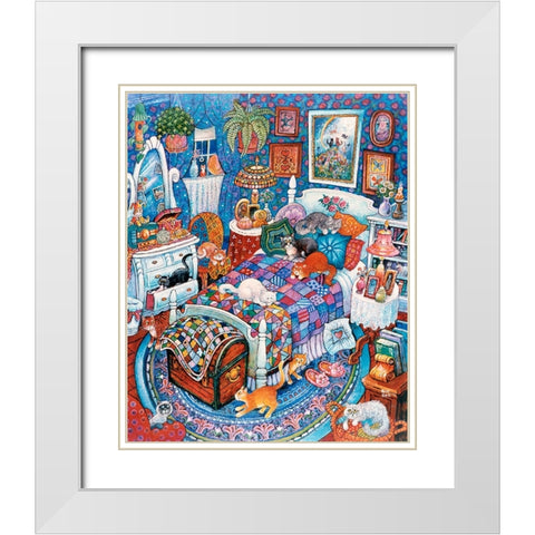 Blue Bedroom Cats White Modern Wood Framed Art Print with Double Matting by Bell, Bill