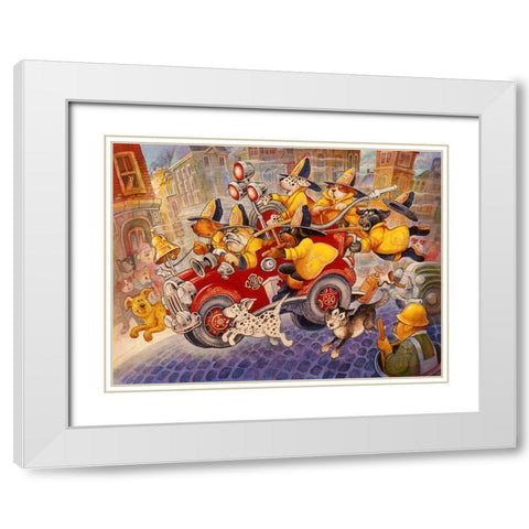 Hot Dog Firefighters White Modern Wood Framed Art Print with Double Matting by Bell, Bill