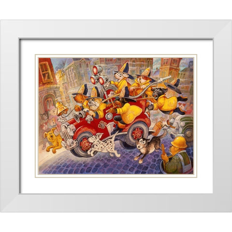 Hot Dog Firefighters White Modern Wood Framed Art Print with Double Matting by Bell, Bill