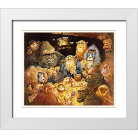Noahs Poker Night White Modern Wood Framed Art Print with Double Matting by Bell, Bill