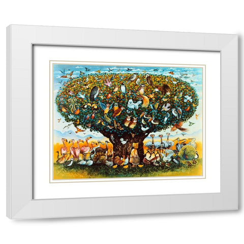 Noah And The Birds White Modern Wood Framed Art Print with Double Matting by Bell, Bill