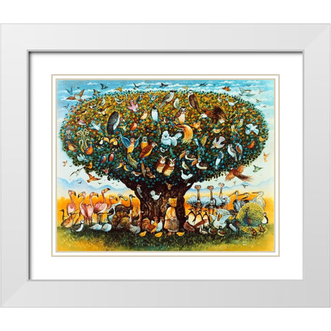 Noah And The Birds White Modern Wood Framed Art Print with Double Matting by Bell, Bill