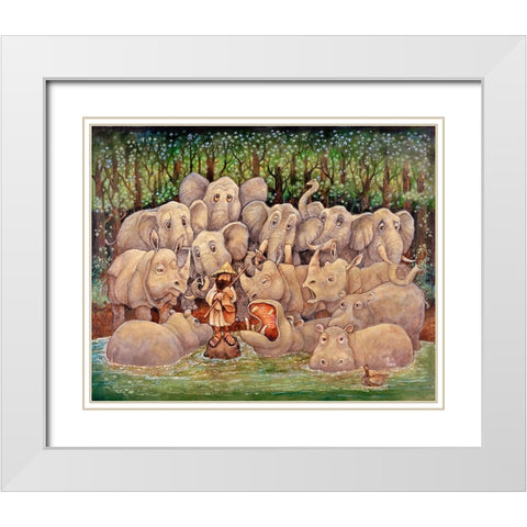 Noah - Elephants-Rhinos-Hippos White Modern Wood Framed Art Print with Double Matting by Bell, Bill