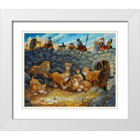 Daniel In Lions Den White Modern Wood Framed Art Print with Double Matting by Bell, Bill