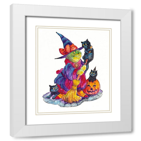 Witchcat With Broom White Modern Wood Framed Art Print with Double Matting by Bell, Bill