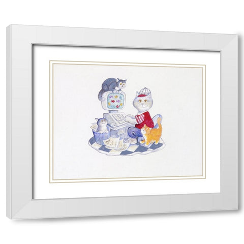 Computer Cat White Modern Wood Framed Art Print with Double Matting by Bell, Bill