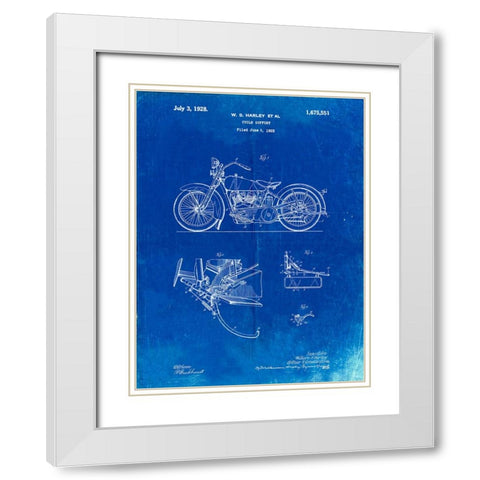PP10-Faded Blueprint Harley Davidson Model JD Patent Poster White Modern Wood Framed Art Print with Double Matting by Borders, Cole