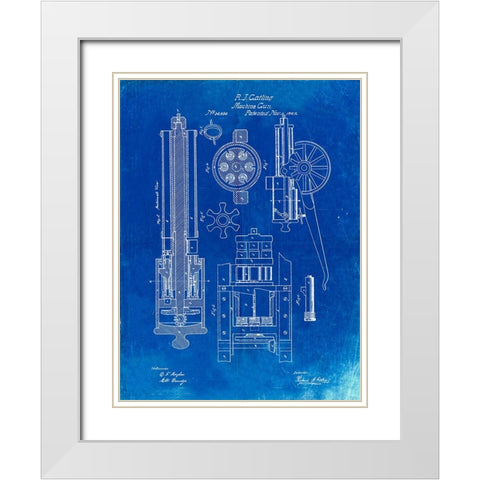 PP23-Faded Blueprint Gatling Gun Patent Poster White Modern Wood Framed Art Print with Double Matting by Borders, Cole