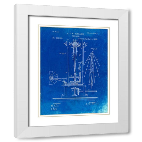 PP26-Faded Blueprint Windmill 1883 Patent Poster White Modern Wood Framed Art Print with Double Matting by Borders, Cole