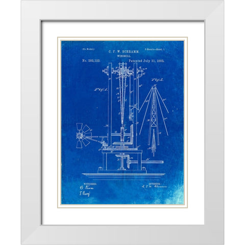 PP26-Faded Blueprint Windmill 1883 Patent Poster White Modern Wood Framed Art Print with Double Matting by Borders, Cole