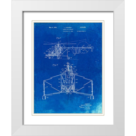 PP28-Faded Blueprint Sikorsky S-47 Helicopter Patent Poster White Modern Wood Framed Art Print with Double Matting by Borders, Cole