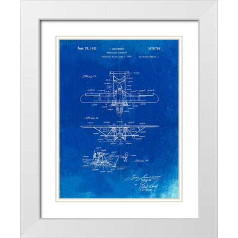PP29-Faded Blueprint Biwing Seaplane Patent Print White Modern Wood Framed Art Print with Double Matting by Borders, Cole