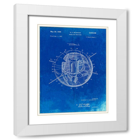 PP52-Faded Blueprint Earth Satellite Patent Poster White Modern Wood Framed Art Print with Double Matting by Borders, Cole