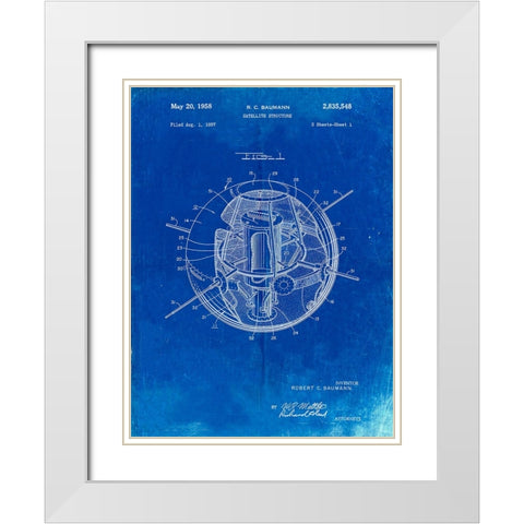 PP52-Faded Blueprint Earth Satellite Patent Poster White Modern Wood Framed Art Print with Double Matting by Borders, Cole
