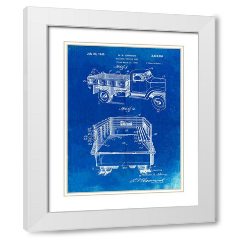 PP59-Faded Blueprint Army Troops Transport Truck Patent Poster White Modern Wood Framed Art Print with Double Matting by Borders, Cole