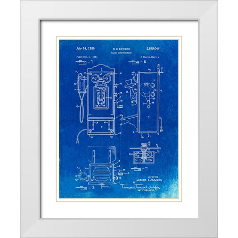 PP65-Faded Blueprint Wall Phone Patent Poster White Modern Wood Framed Art Print with Double Matting by Borders, Cole