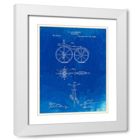 PP77-Faded Blueprint First Bicycle 1866 Patent Poster White Modern Wood Framed Art Print with Double Matting by Borders, Cole