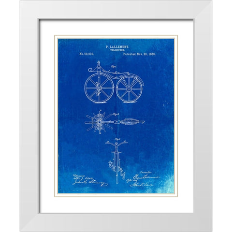 PP77-Faded Blueprint First Bicycle 1866 Patent Poster White Modern Wood Framed Art Print with Double Matting by Borders, Cole