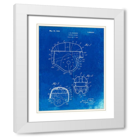 PP218-Faded Blueprint Football Helmet 1925 Patent Poster White Modern Wood Framed Art Print with Double Matting by Borders, Cole