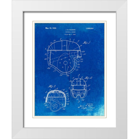 PP218-Faded Blueprint Football Helmet 1925 Patent Poster White Modern Wood Framed Art Print with Double Matting by Borders, Cole