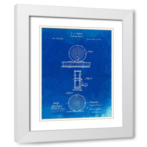 PP225-Faded Blueprint Orvis 1874 Fly Fishing Reel Patent Poster White Modern Wood Framed Art Print with Double Matting by Borders, Cole