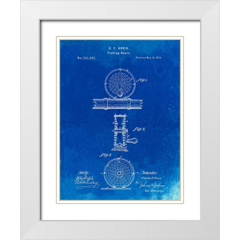 PP225-Faded Blueprint Orvis 1874 Fly Fishing Reel Patent Poster White Modern Wood Framed Art Print with Double Matting by Borders, Cole