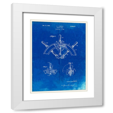 PP228-Faded Blueprint Ship Steering Wheel Patent Poster White Modern Wood Framed Art Print with Double Matting by Borders, Cole