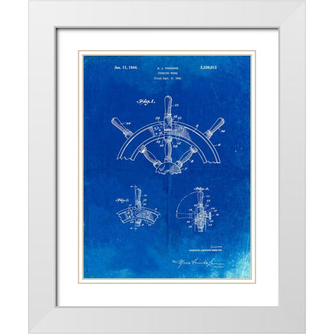 PP228-Faded Blueprint Ship Steering Wheel Patent Poster White Modern Wood Framed Art Print with Double Matting by Borders, Cole