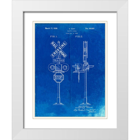 PP231-Faded Blueprint Railroad Crossing Signal Patent Poster White Modern Wood Framed Art Print with Double Matting by Borders, Cole