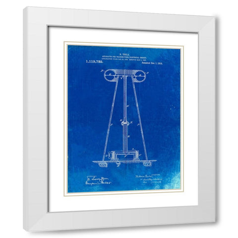 PP241-Faded Blueprint Tesla Energy Transmitter Patent Poster White Modern Wood Framed Art Print with Double Matting by Borders, Cole