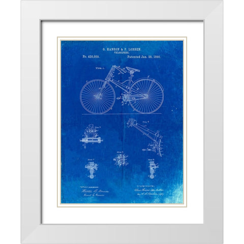 PP248-Faded Blueprint Bicycle 1890 Patent Poster White Modern Wood Framed Art Print with Double Matting by Borders, Cole
