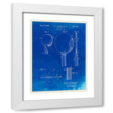 PP250-Faded Blueprint Ping Pong Paddle Patent Poster White Modern Wood Framed Art Print with Double Matting by Borders, Cole