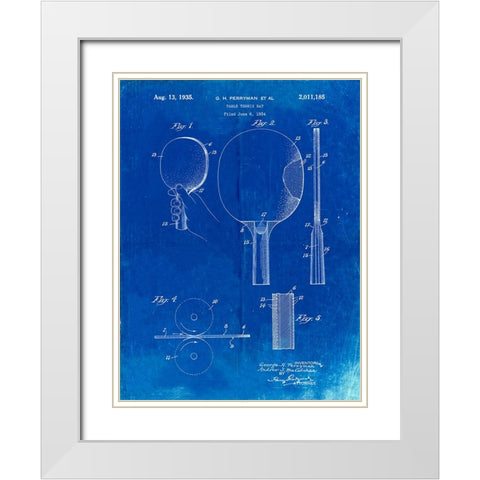PP250-Faded Blueprint Ping Pong Paddle Patent Poster White Modern Wood Framed Art Print with Double Matting by Borders, Cole