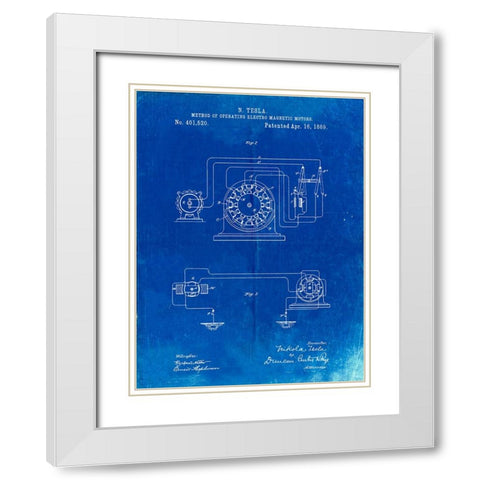 PP264-Faded Blueprint Tesla Operating Electric Motors Map Poster White Modern Wood Framed Art Print with Double Matting by Borders, Cole
