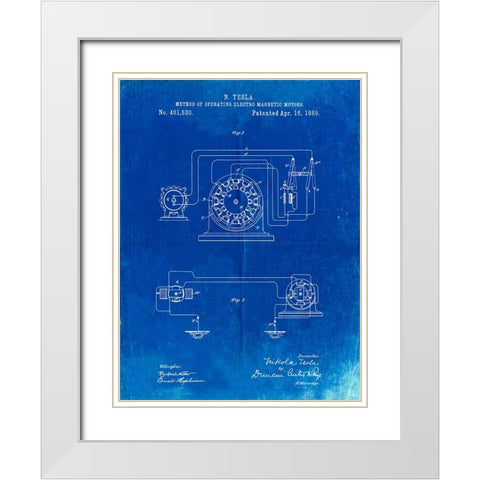 PP264-Faded Blueprint Tesla Operating Electric Motors Map Poster White Modern Wood Framed Art Print with Double Matting by Borders, Cole