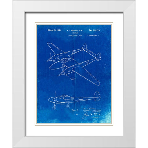 PP277-Faded Blueprint Lockheed P-38 Lightning Patent Poster White Modern Wood Framed Art Print with Double Matting by Borders, Cole