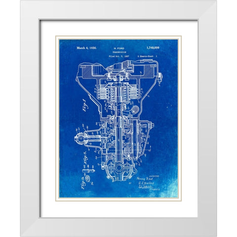 PP289-Faded Blueprint Henry Ford Transmission Patent Poster White Modern Wood Framed Art Print with Double Matting by Borders, Cole