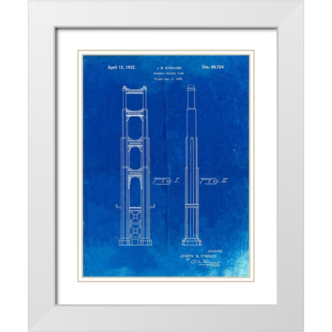 PP321-Faded Blueprint Golden Gate Bridge Main Tower Patent Poster White Modern Wood Framed Art Print with Double Matting by Borders, Cole