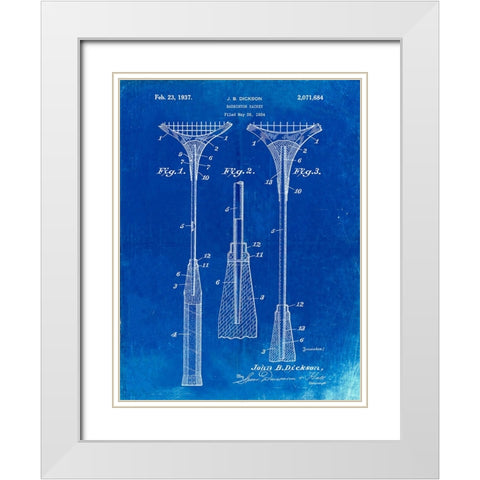 PP382-Faded Blueprint Badminton Racket 1937 Patent Poster White Modern Wood Framed Art Print with Double Matting by Borders, Cole
