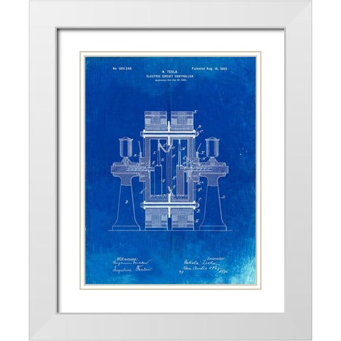 PP423-Faded Blueprint Tesla Electric Circuit Controller Poster White Modern Wood Framed Art Print with Double Matting by Borders, Cole